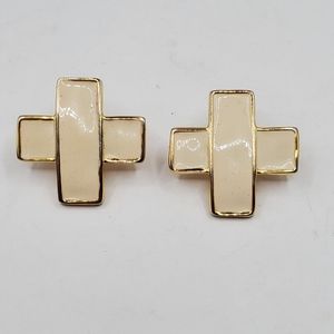 Vintage Napier Earrings White Enamel and Gold tone Cross  X Earings Signed Post